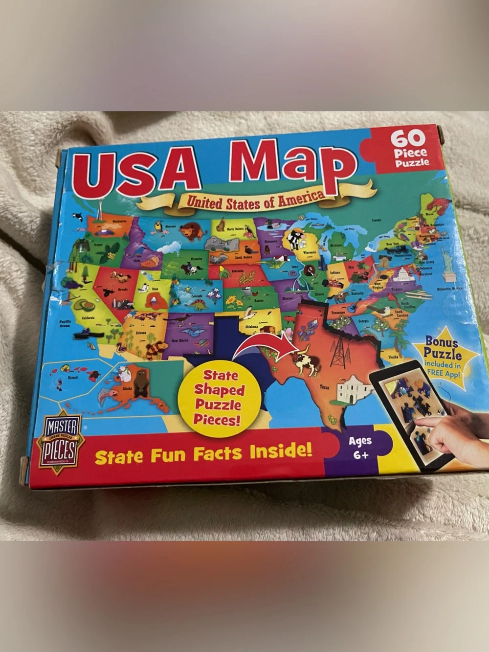 USA Map 60-Piece Kids Puzzle - Colorful Blue Box 16.5 “x 12.75 “